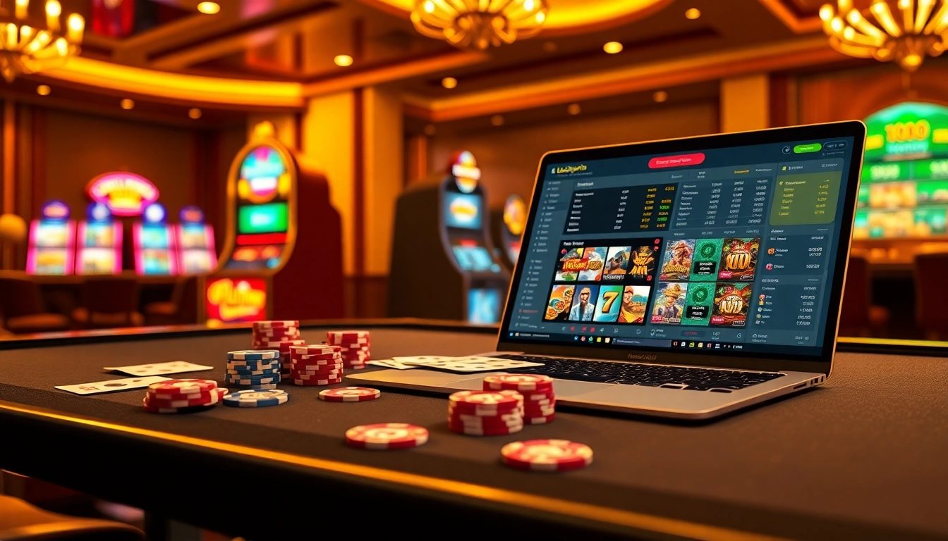 Experience vibrant online casino action with Luckywin's thrilling gaming atmosphere displayed on a sleek laptop.