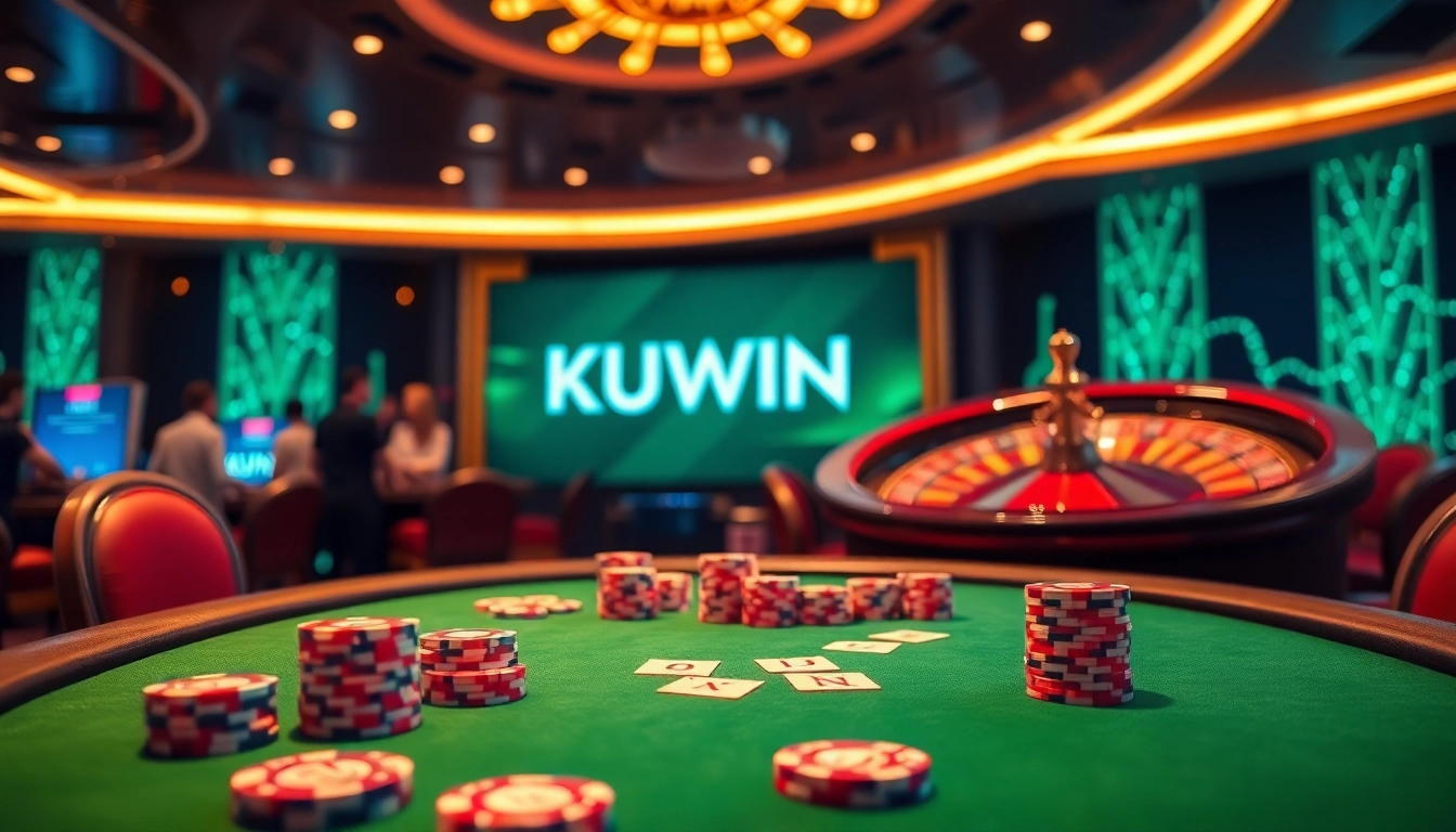 Engage in thrilling gameplay at KUWIN casino with a luxurious poker table and roulette wheel.