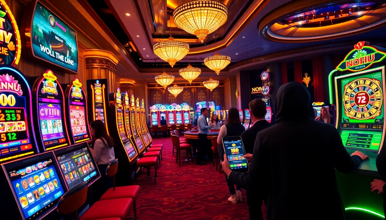Players spin the nohu-themed slot machines amidst a vibrant casino atmosphere.
