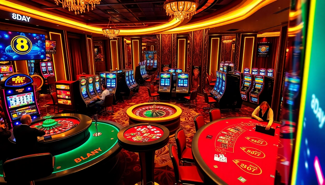 Players enjoying a thrilling casino experience at 8DAY with vibrant gaming tables and slot machines.