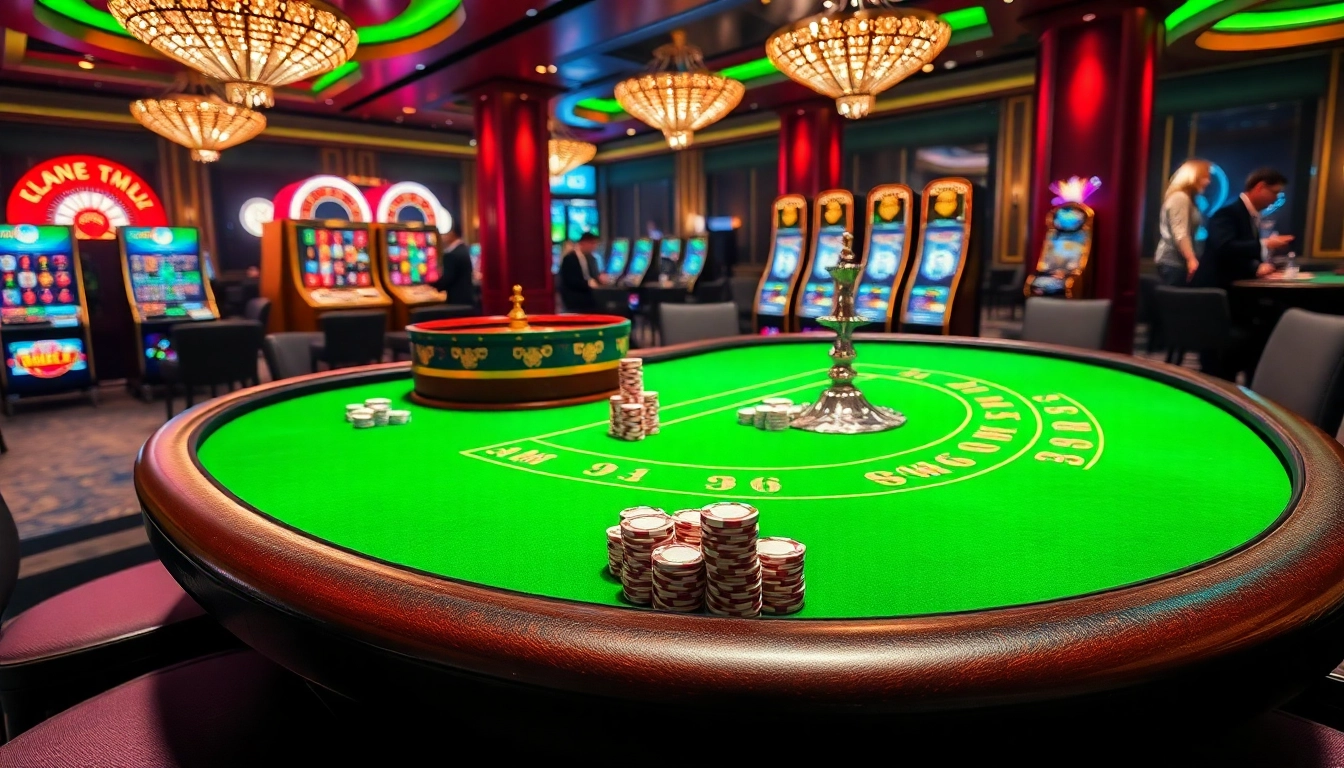 Experience the thrill of Nhà cái S8 with elegant casino tables, vibrant slot machines, and poker chips in an inviting atmosphere.