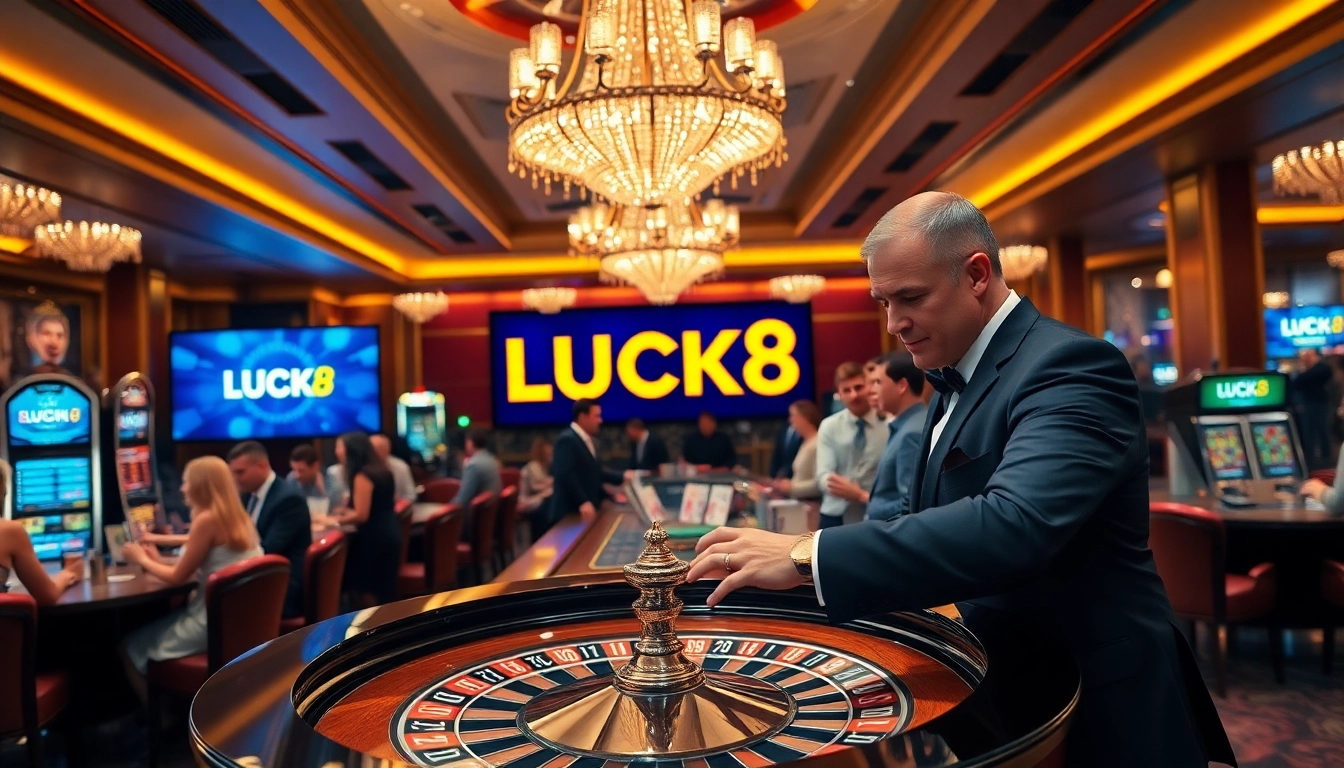 LUCK8 logo featured prominently in a luxurious casino scene with roulette and eager players.