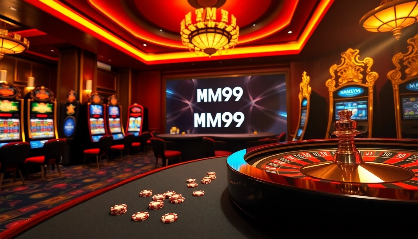 MM99 casino scene featuring roulette, slot machines, and vibrant poker chips.
