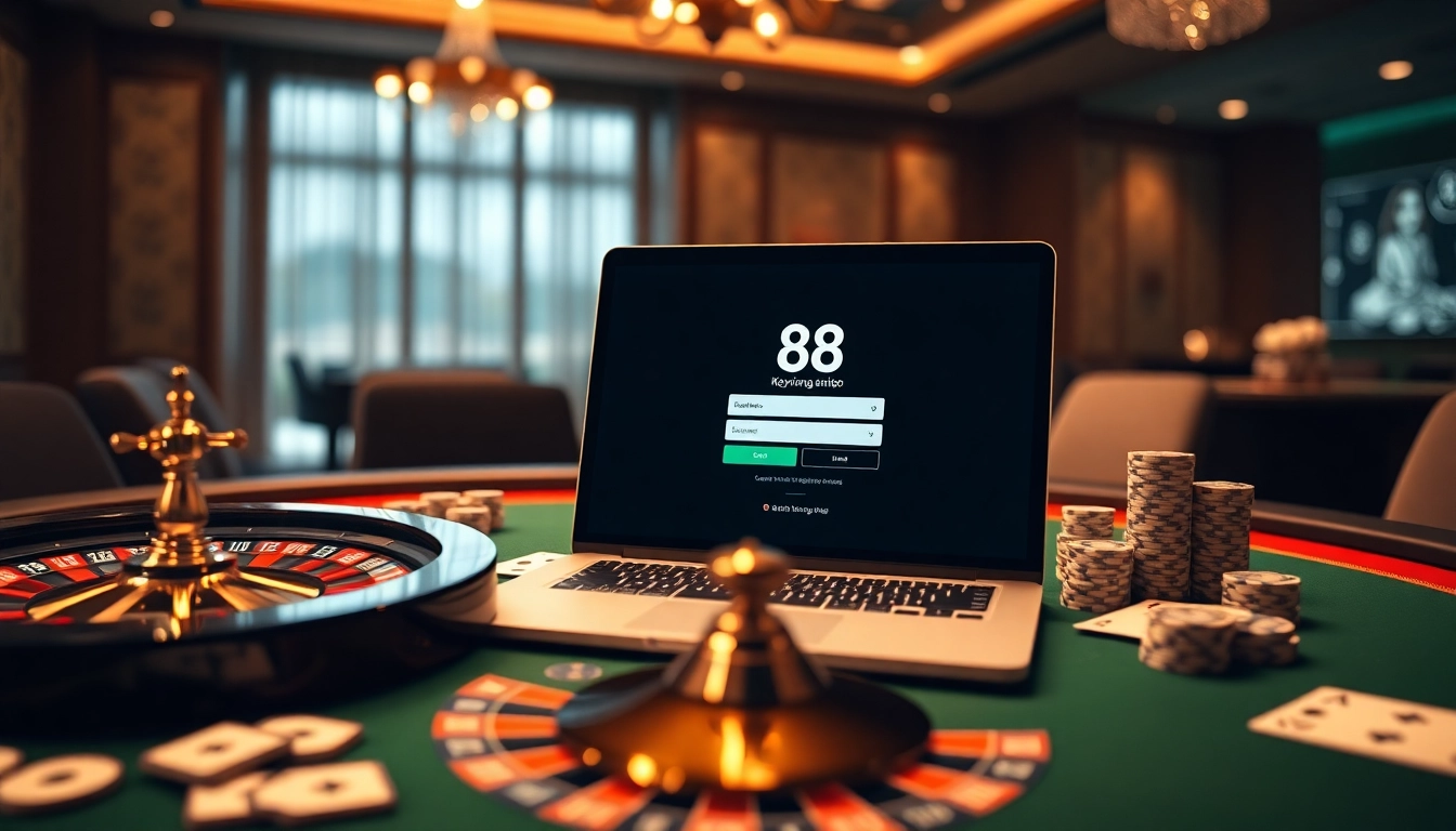 Visualize a casino interface for 888vnd đăng nhập, featuring poker chips, a roulette wheel, and elegant design elements.