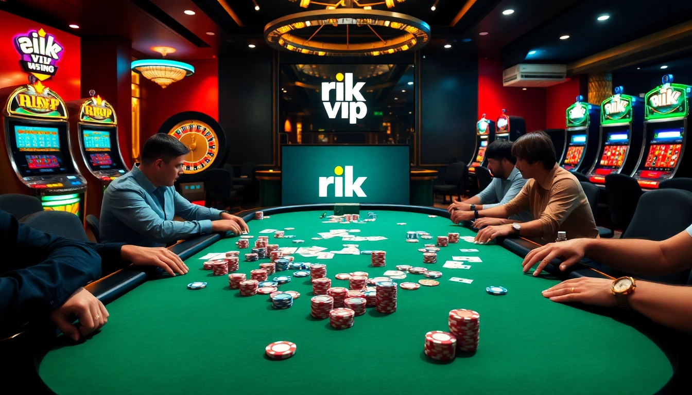 Exciting players engaging in a poker game at a luxurious rik vip casino, showcasing vibrant chips and cards.