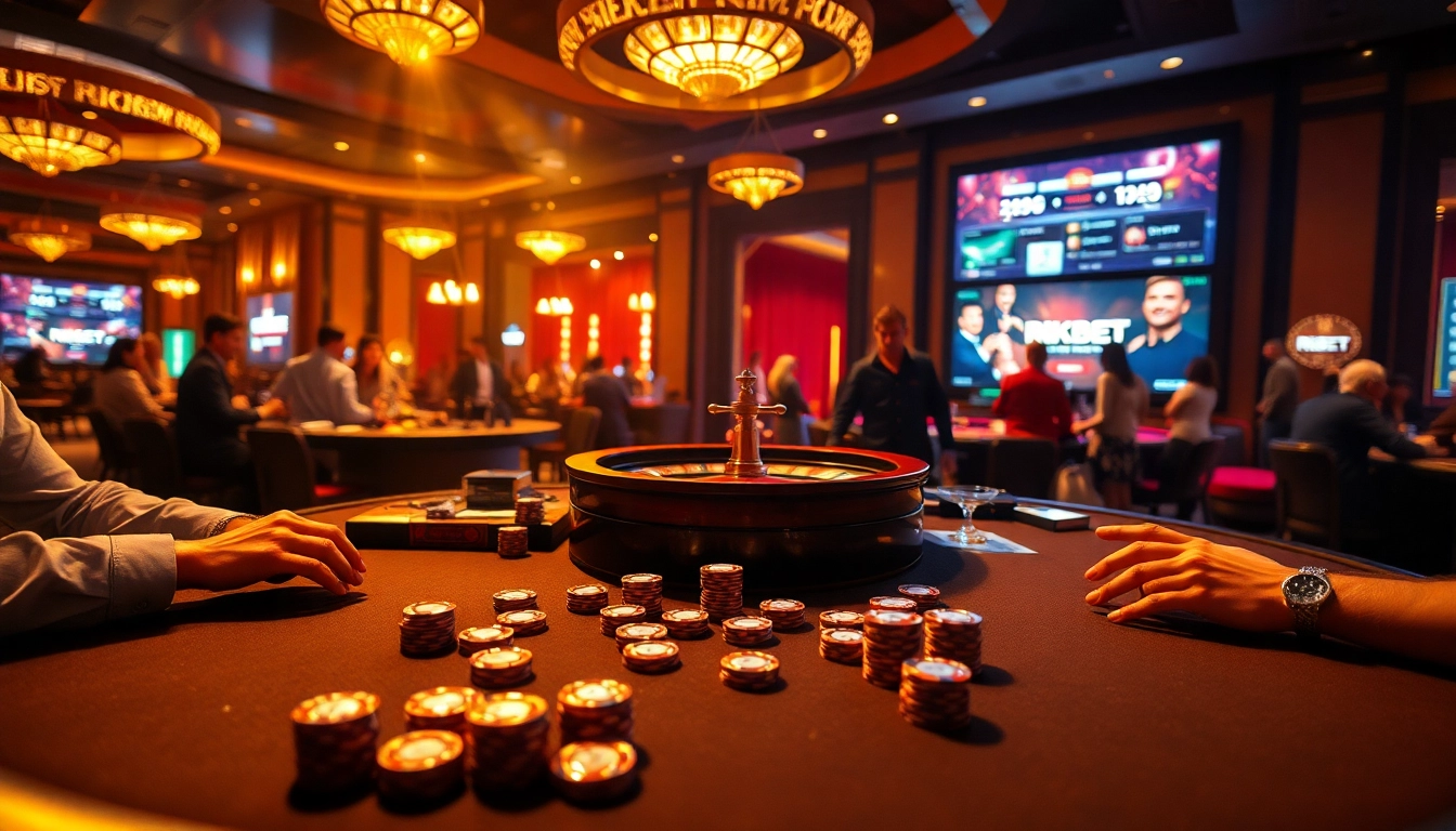 Experience the thrill at RIKBET's casino table with active players and shimmering chips.