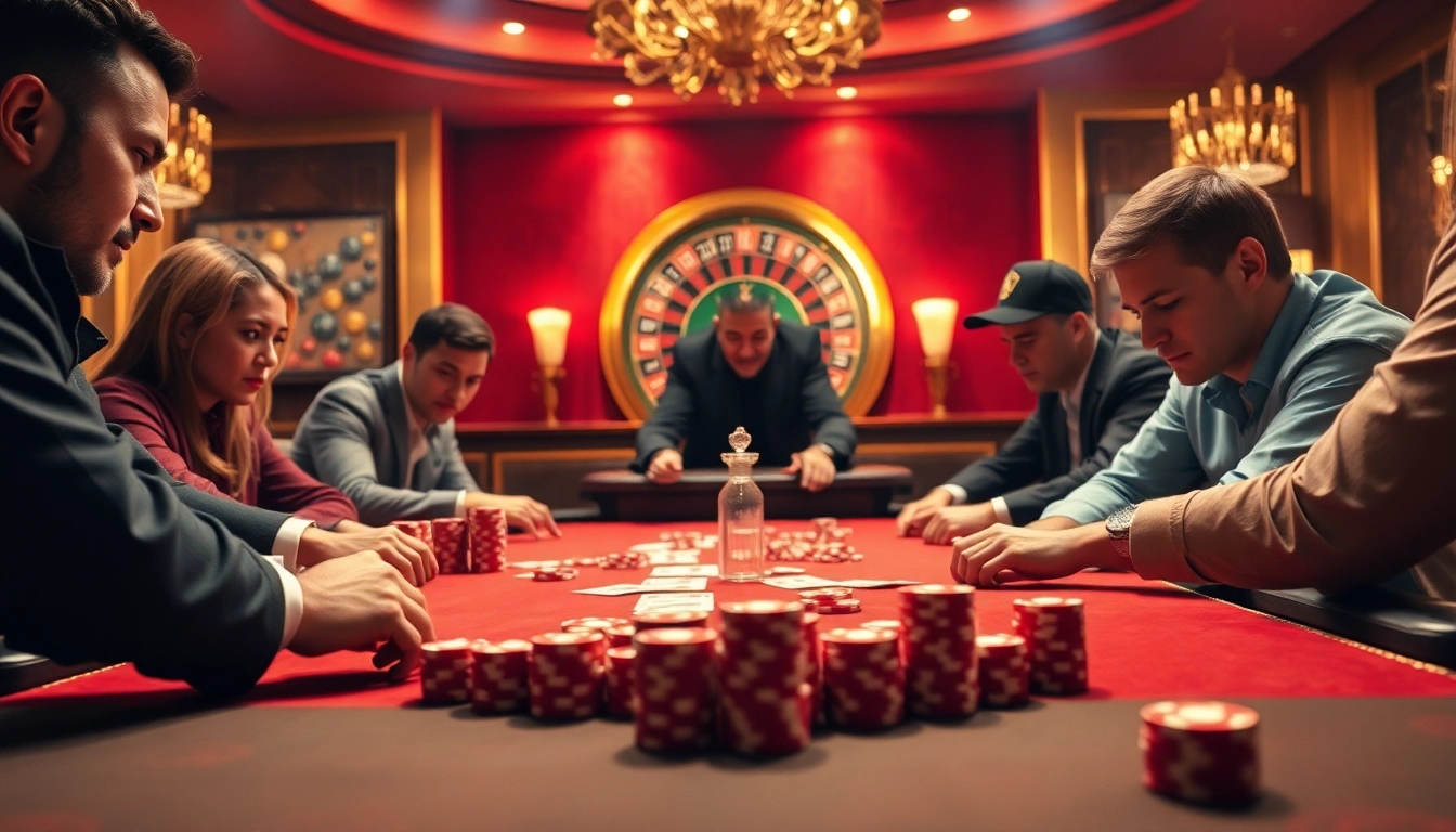 Players engaging in high-stakes action at a bong99 poker table in an elegant casino setting.