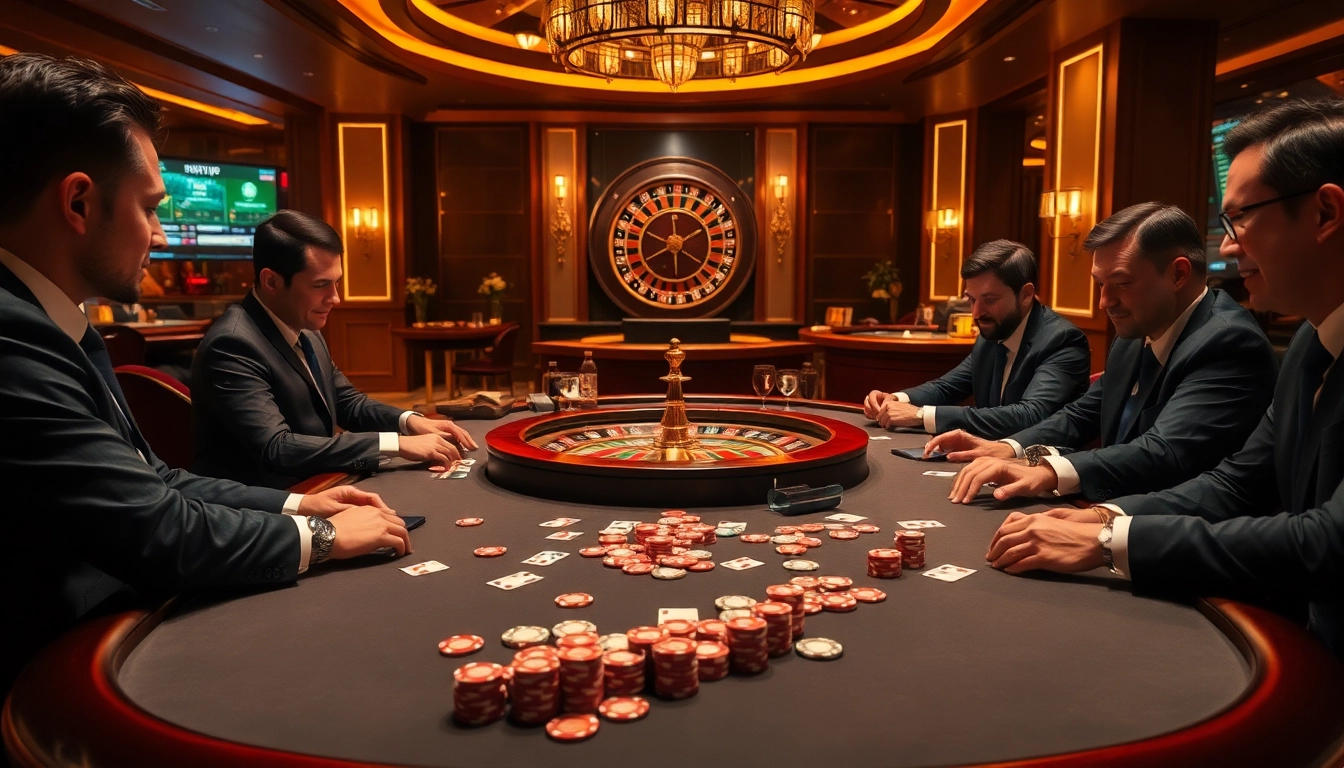 Experience thrilling gameplay at rikvip with vibrant poker chips and a lively casino scene.