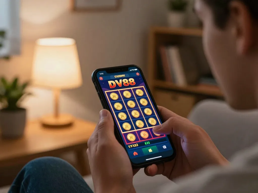 Player using DV88 app on smartphone for online slot games, showcasing home entertainment.