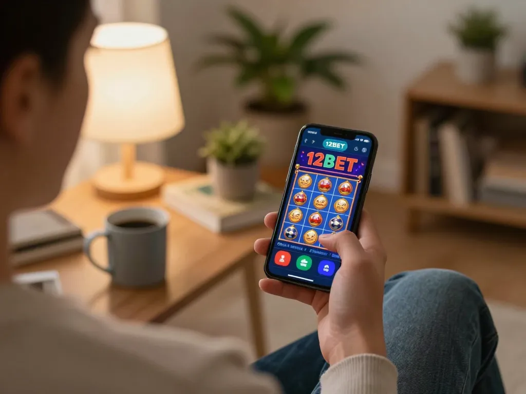 Người chơi tận hưởng trò chơi casino trực tuyến 12bet trên smartphone trong không gian ấm cúng tại nhà