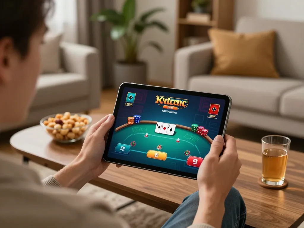 Engaged player using mb668 online poker app on a tablet in a cozy living room.