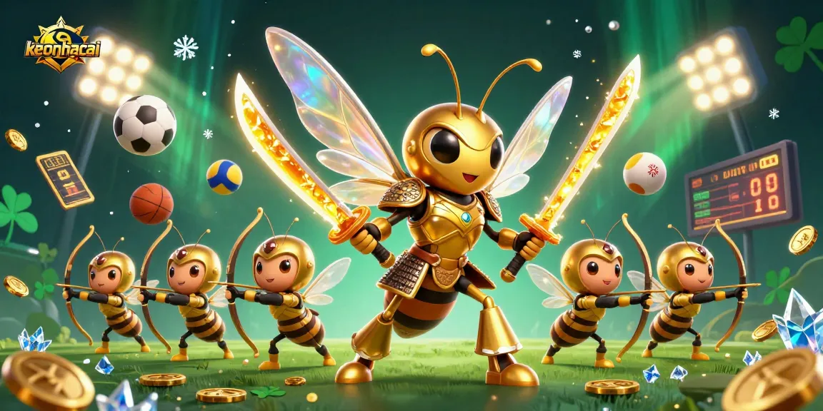 Bet on keonhacai with thrilling sports action illustrated by a majestic hornet samurai and dynamic sports elements.
