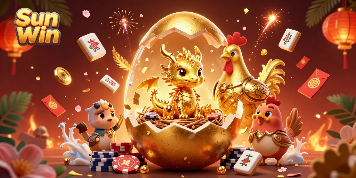 Play exciting games at Sun Win with a golden dragon and vibrant casino elements shining brightly.